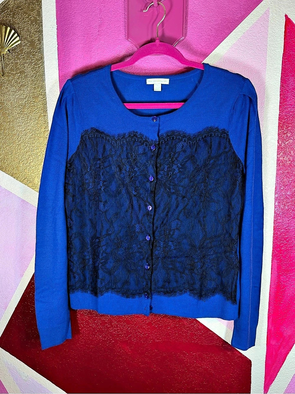 New York & Company Medium Cobalt Blue Cardigan Black Lace Overlay Button Front